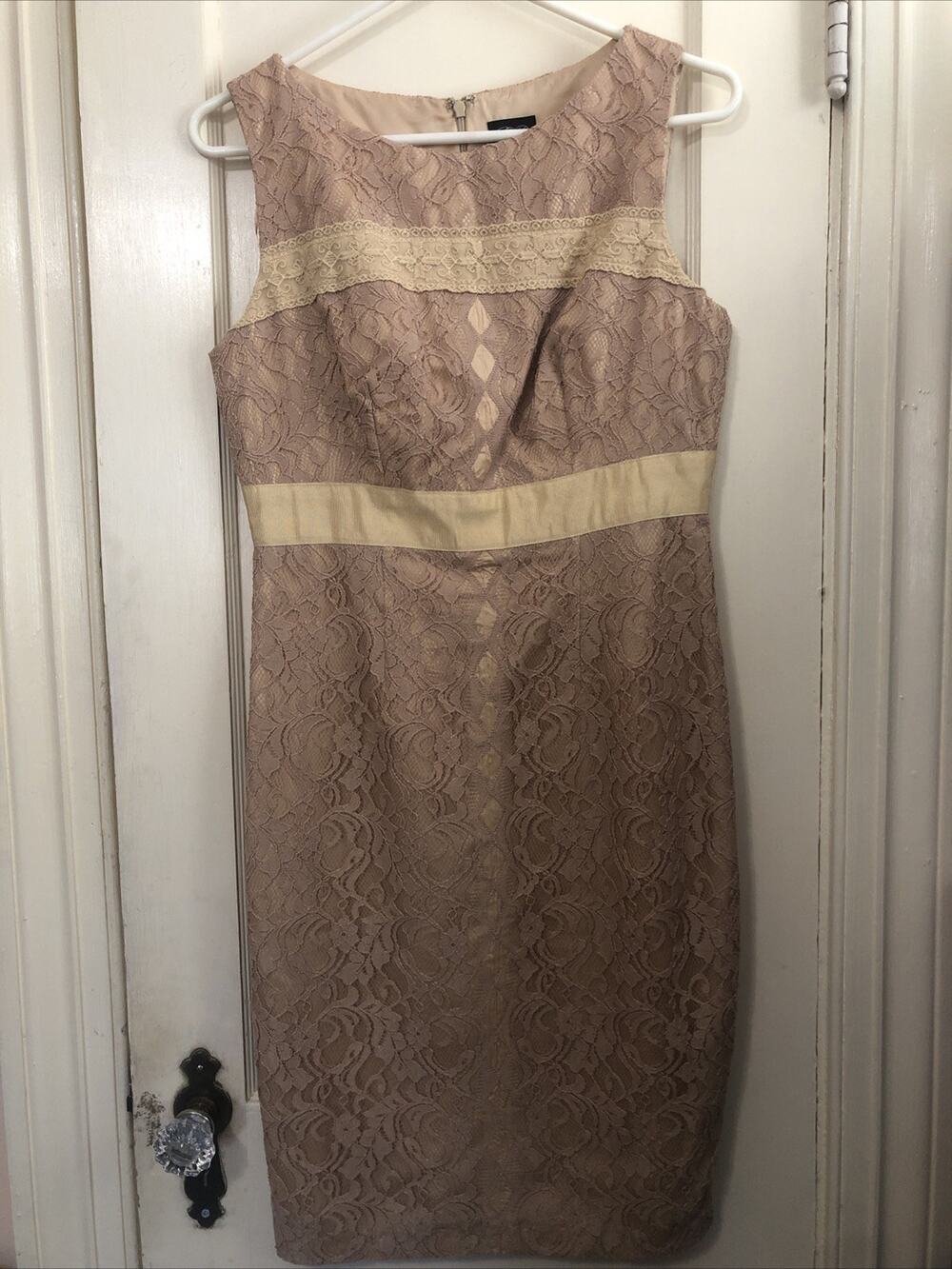 NWT Jax Lace Boat Neck Sheath Dress Size 10 Beige Empire Waist Sleeveless
